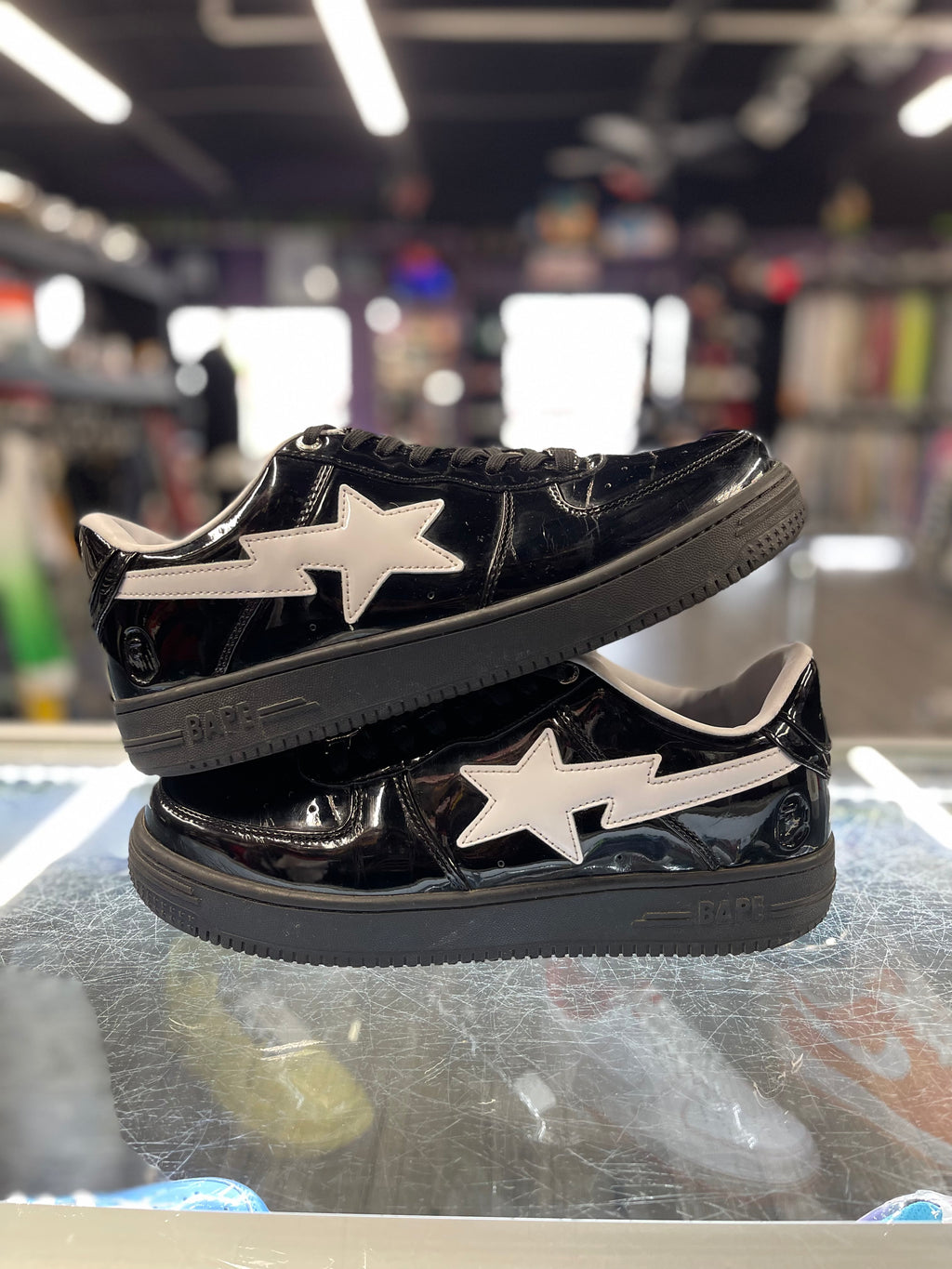 A Bathing Ape Bapesta Low Patent “Black/White"
