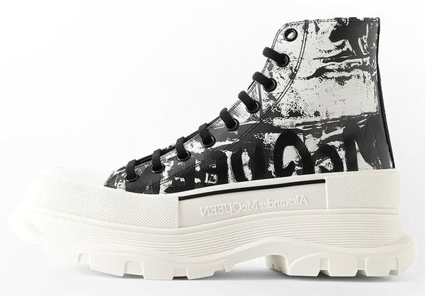 Alexander McQueen Tread Slick Boots "White and Black Graffiti Print"